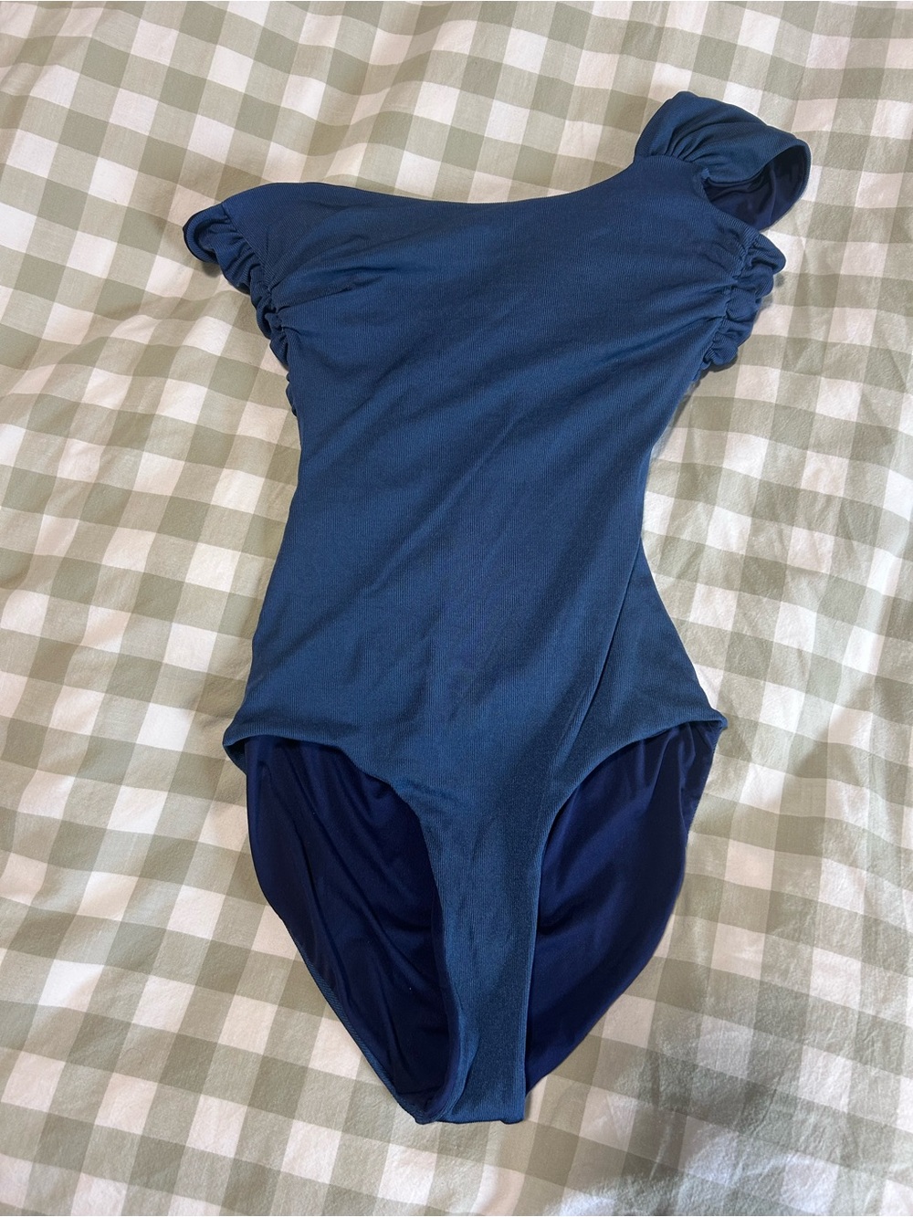 Navy Blue One-Shoulder Ruched Sleeve One-Piece Swimsuit